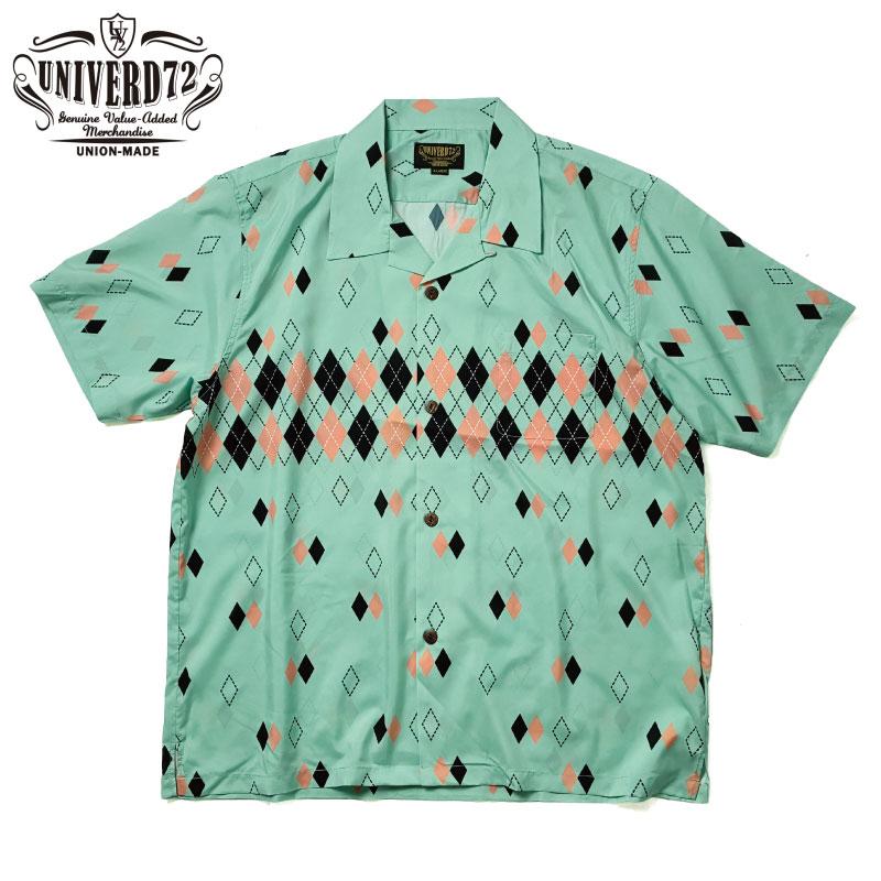 SAPEur 百虎 オープンカラー レーヨン シャツ アロハ グリーン L アロハシャツ オープンカラーシャツ 半袖 ARGYLE アーガイルチェック柄
