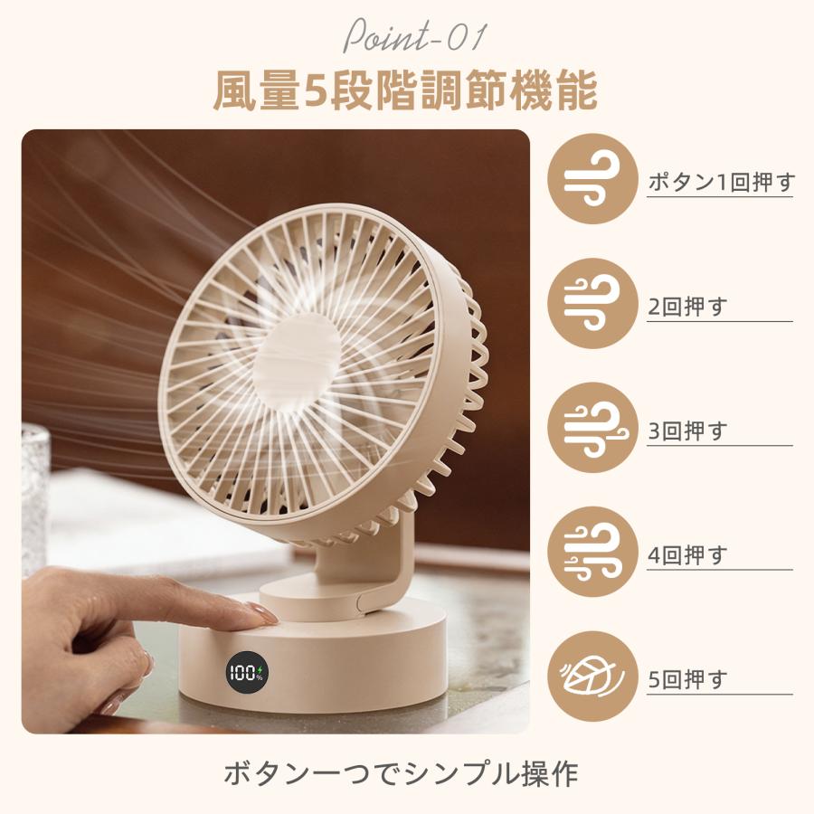 コードレスファン 卓上扇風機 LEDディスプレイ 5段階風量静音 usb