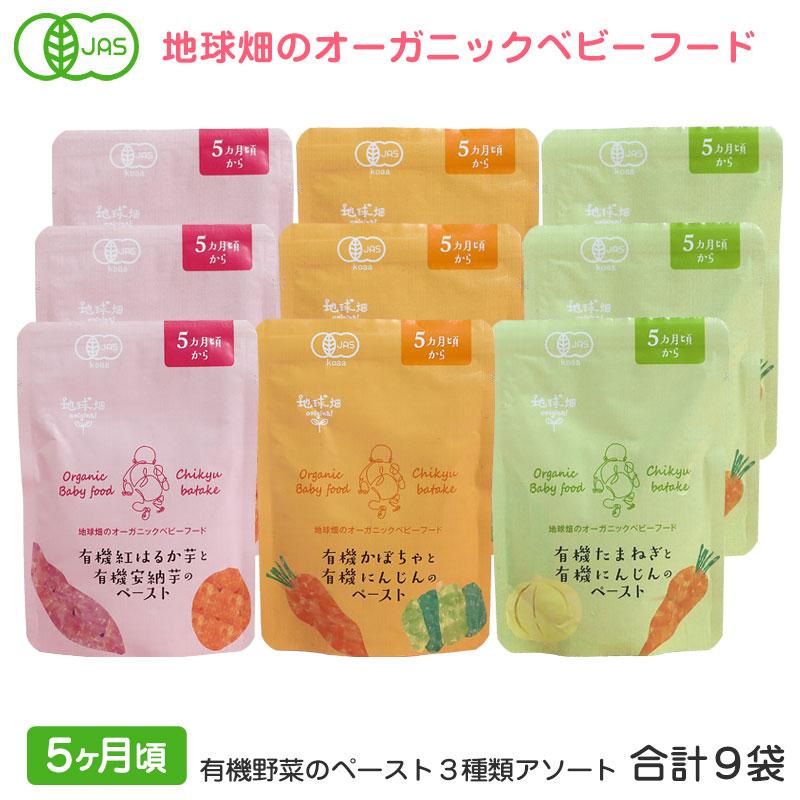 地球畑 ベビーフード 離乳食 お試し 有機野菜のペースト 5ヶ月 ３種類アソート９袋セット レトルトパウチ オーガニック 無添加 メール便 防災 非常食 6ヶ月 爆買（Yahoo!・地球畑）