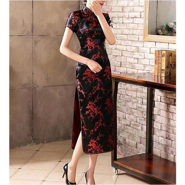 引き出物 S 7号 チャイナドレス ロング 半袖 梅柄 黒 赤 メール便送料無料 ハロウィン クリスマス パーティ コスプレ 二胡 チャイナ服 Dprd Jatimprov Go Id