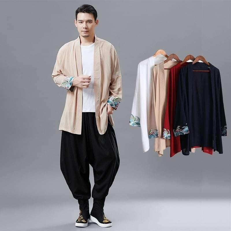 チャイナ服 メンズ ジャケット 羽織 丈長 男性用 カーディガン 袖刺繍