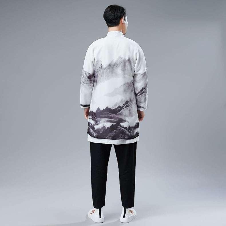 チャイナ服 メンズ 男性用 スリーピース ローブ ジャケット 山水柄 