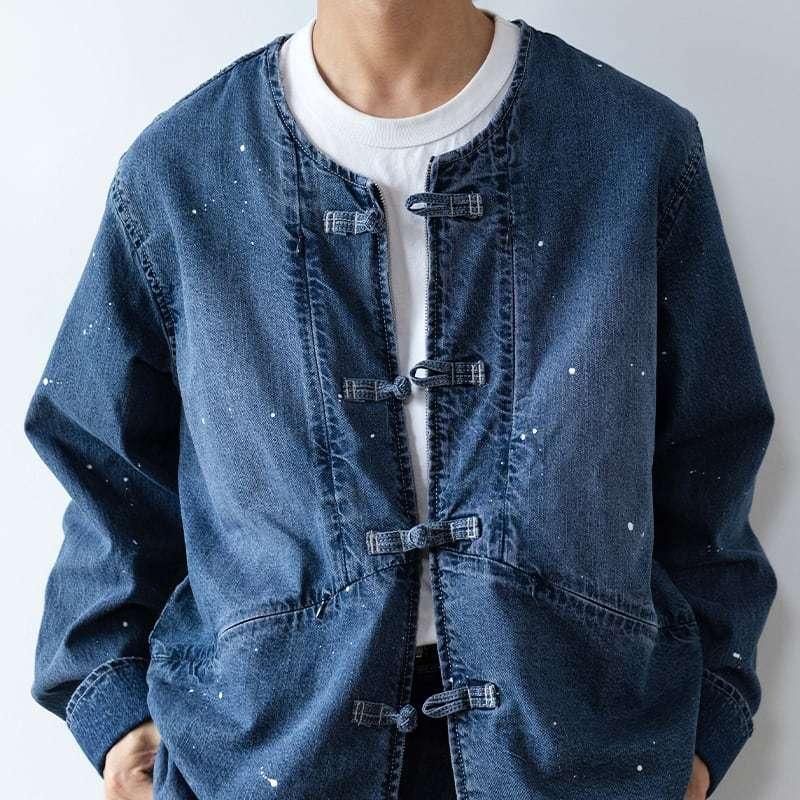 即納 最大半額 チャイナ服 デニムジャケット カジュアル 中華風 男女 ラウンドネック チャイナボタン ジッパー ペンキ飛ばし 綿100 送料無料 Sites Suvagrammar Com