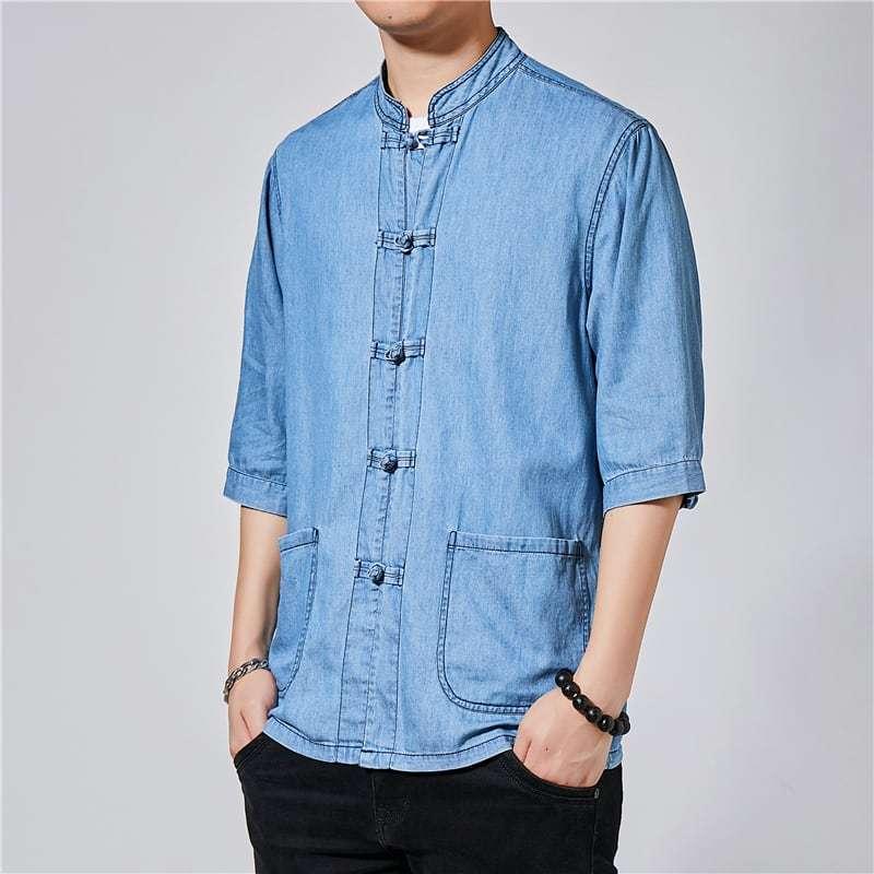チャイナ服 メンズ 男性用 デニムシャツ チャイナシャツ カジュアル