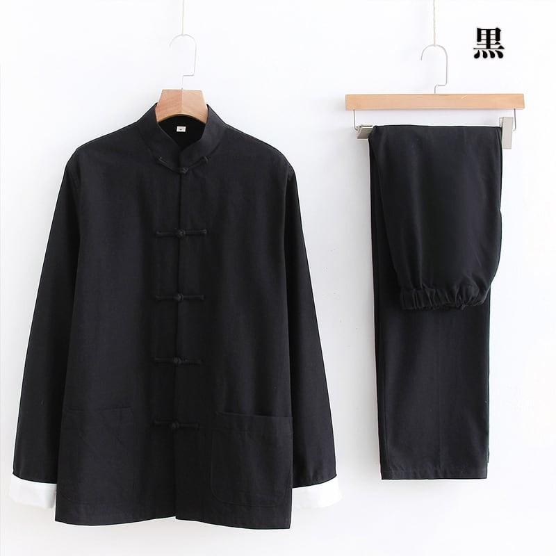 【ヘビーウェイト】 カンフーワークスーツ チャイナセットアップ上下 黒XL チャイナ服 メンズ スーツ カンフー服 上下セット セットアップ 男性用