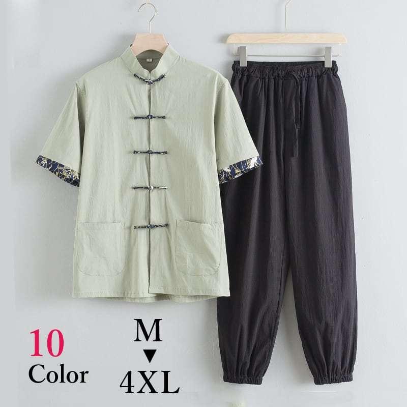 チャイナ服 カンフー服 太極拳服 チャイナスーツ メンズ 男性用 セットアップ 半袖 薄い 上下セット 立ち襟 チャイナボタン プリント袖口 裾絞り 送料無料