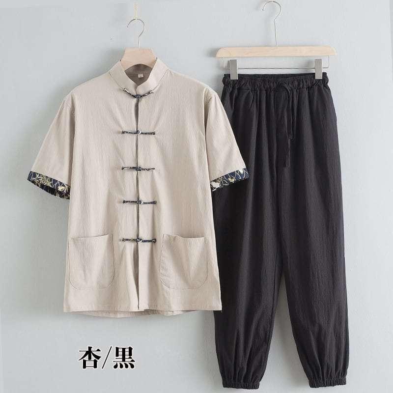 チャイナ服 カンフー服 太極拳服 チャイナスーツ メンズ 男性用 セットアップ 半袖 薄い 上下セット 立ち襟 チャイナボタン プリント袖口 裾絞り 送料無料_11