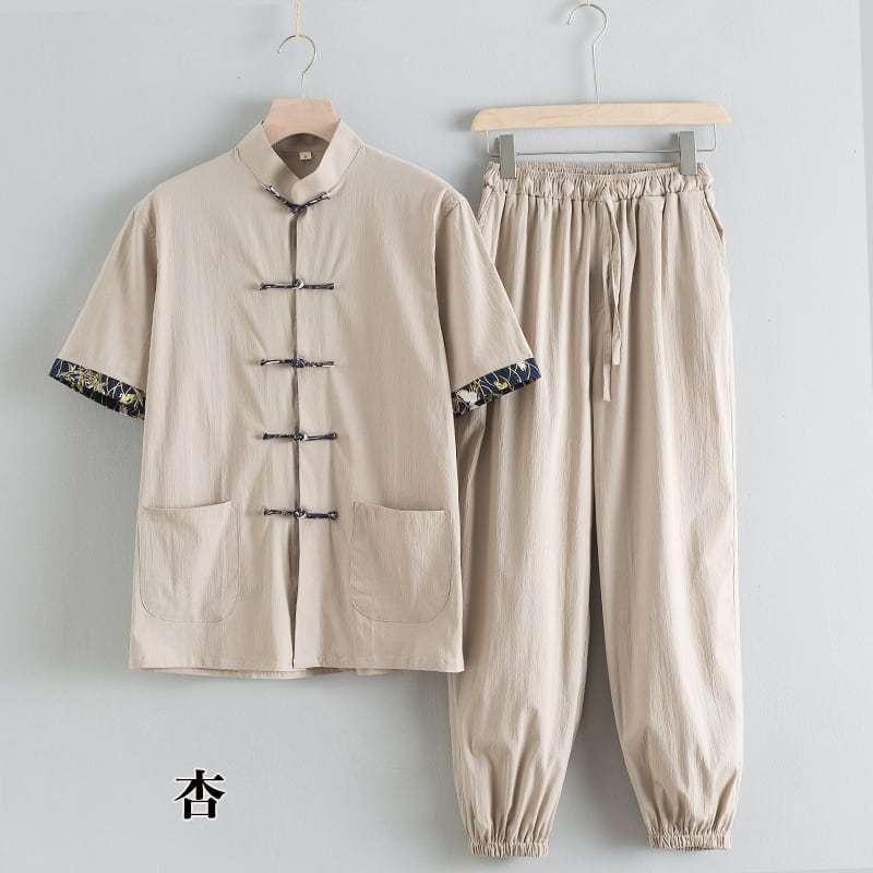 チャイナ服 カンフー服 太極拳服 チャイナスーツ メンズ 男性用 セットアップ 半袖 薄い 上下セット 立ち襟 チャイナボタン プリント袖口 裾絞り 送料無料_12