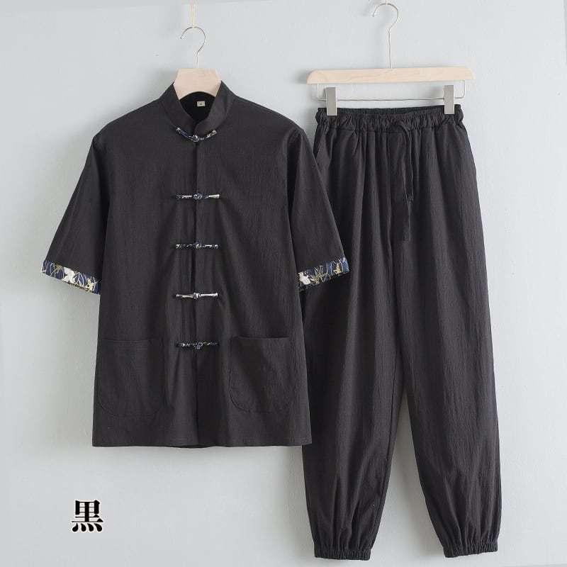 チャイナ服 カンフー服 太極拳服 チャイナスーツ メンズ 男性用 セットアップ 半袖 薄い 上下セット 立ち襟 チャイナボタン プリント袖口 裾絞り 送料無料_13