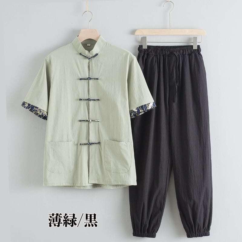 チャイナ服 カンフー服 太極拳服 チャイナスーツ メンズ 男性用 セットアップ 半袖 薄い 上下セット 立ち襟 チャイナボタン プリント袖口 裾絞り 送料無料_15