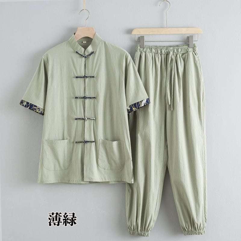 チャイナ服 カンフー服 太極拳服 チャイナスーツ メンズ 男性用 セットアップ 半袖 薄い 上下セット 立ち襟 チャイナボタン プリント袖口 裾絞り 送料無料_16