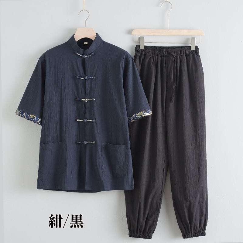 チャイナ服 カンフー服 太極拳服 チャイナスーツ メンズ 男性用 セットアップ 半袖 薄い 上下セット 立ち襟 チャイナボタン プリント袖口 裾絞り 送料無料_17