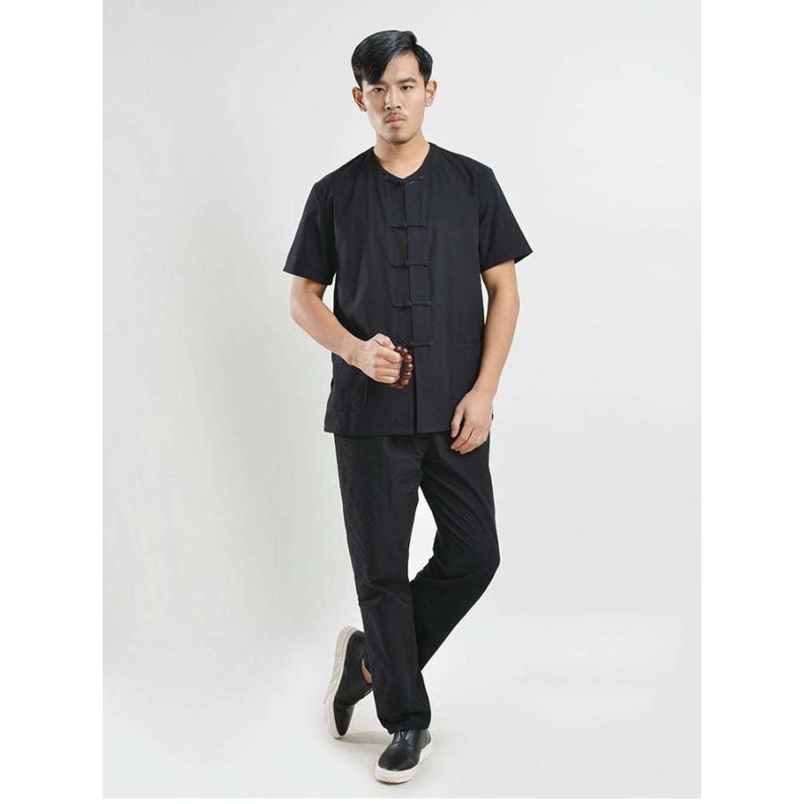 チャイナ服 チャイナシャツ メンズ 男性用 半袖 丸首 襟無し ラウンド