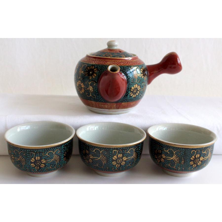 未使用 九谷焼 三晃造 急須&茶碗セット 九谷焼 1428/中古/九谷焼 九谷栄峰 青粒鉄仙 茶器セット 横手急須