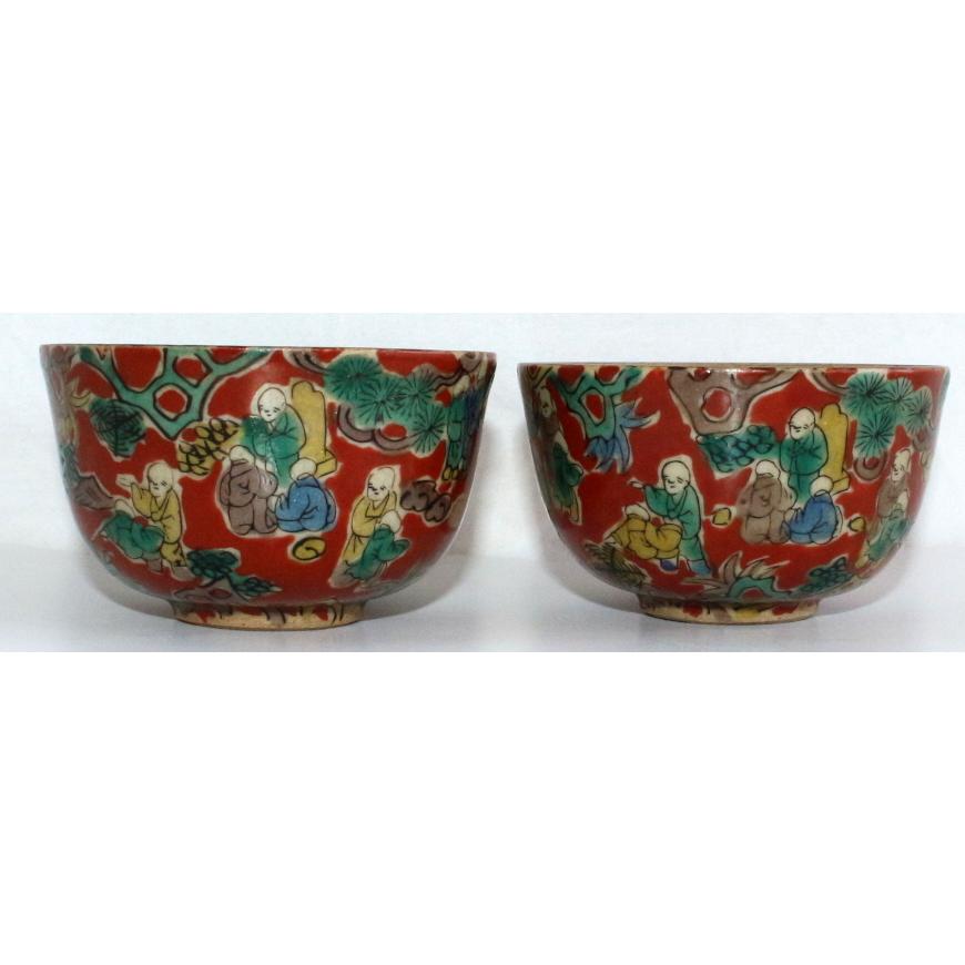 1482/中古・骨董/九谷焼 九谷木米 湯呑茶碗 2点 ※色絵 金彩 賢人唐子