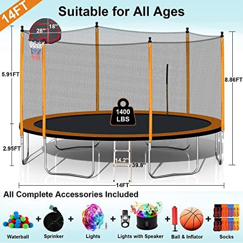USED Yoluccea 10 12 14 16フィートスプリンクラー付きトランポリン、ライト、ウォーターボール、靴下、1500 LBS子供と大人用屋外トランポリン、14 FTトランポリ 【AAA1428559800】(50083円)