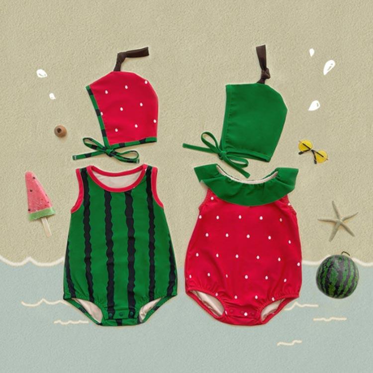 スイミング ロンパース 水着 ベビー水着 キッズ 可愛い ベビー水着 キャップ付き ベビー みずぎ 子供 プール スイカ柄 イチゴ柄 水遊び 夏 赤ち |  | 01