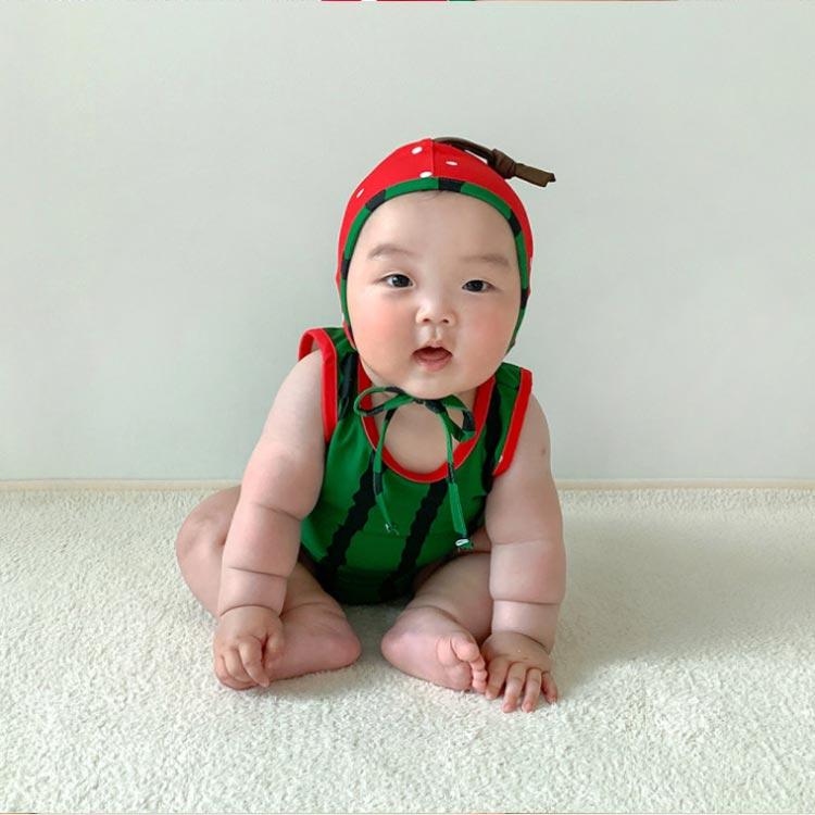 スイミング ロンパース 水着 ベビー水着 キッズ 可愛い ベビー水着 キャップ付き ベビー みずぎ 子供 プール スイカ柄 イチゴ柄 水遊び 夏 赤ち |  | 03