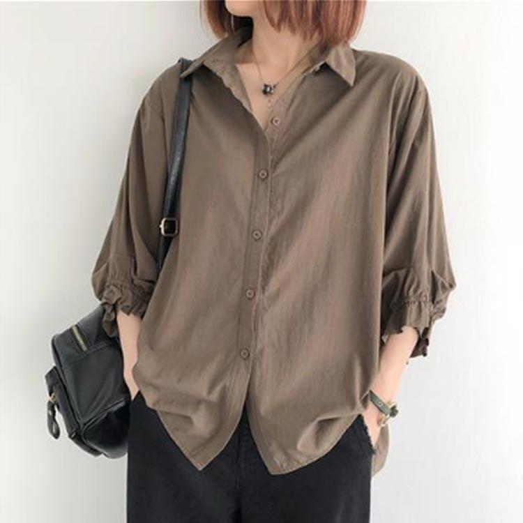 ゆったり バルーンスリーブ 七分袖 普段着 七分袖 パフスリーブ 長袖 トップス レディース シャツ 春夏 襟付きシャツ 袖 ギャザー きれいめ 大き |  | 02