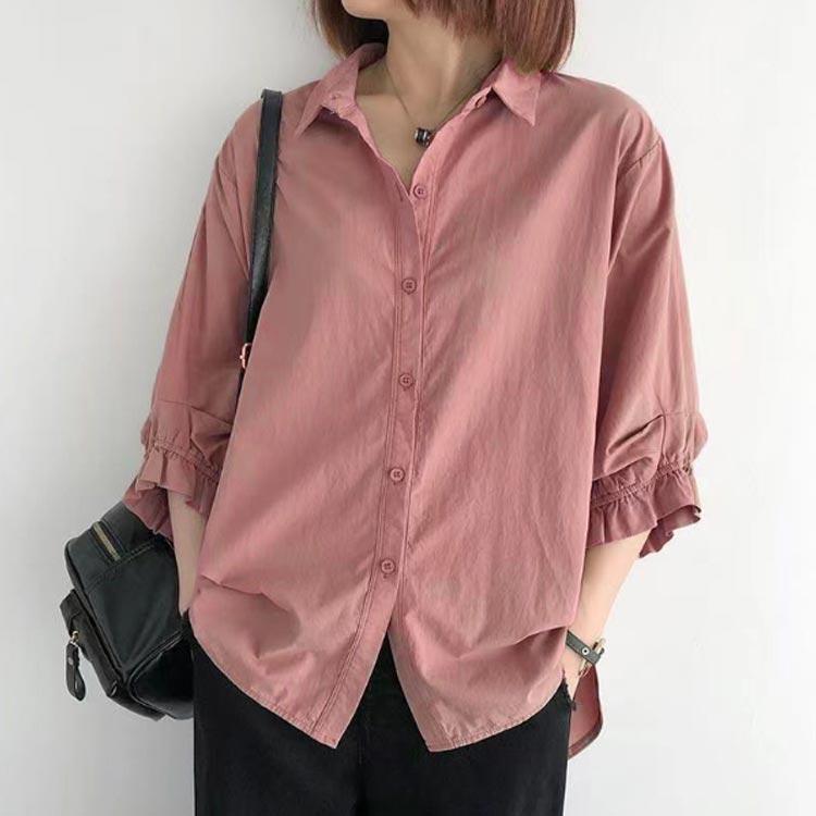 ゆったり バルーンスリーブ 七分袖 普段着 七分袖 パフスリーブ 長袖 トップス レディース シャツ 春夏 襟付きシャツ 袖 ギャザー きれいめ 大き |  | 04