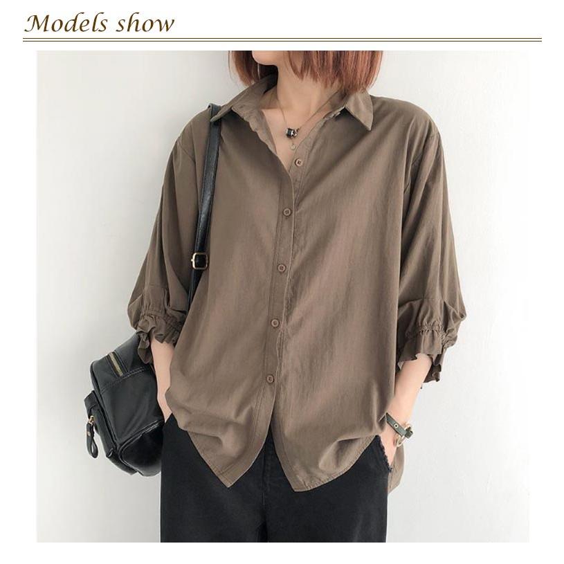 ゆったり バルーンスリーブ 七分袖 普段着 七分袖 パフスリーブ 長袖 トップス レディース シャツ 春夏 襟付きシャツ 袖 ギャザー きれいめ 大き |  | 07