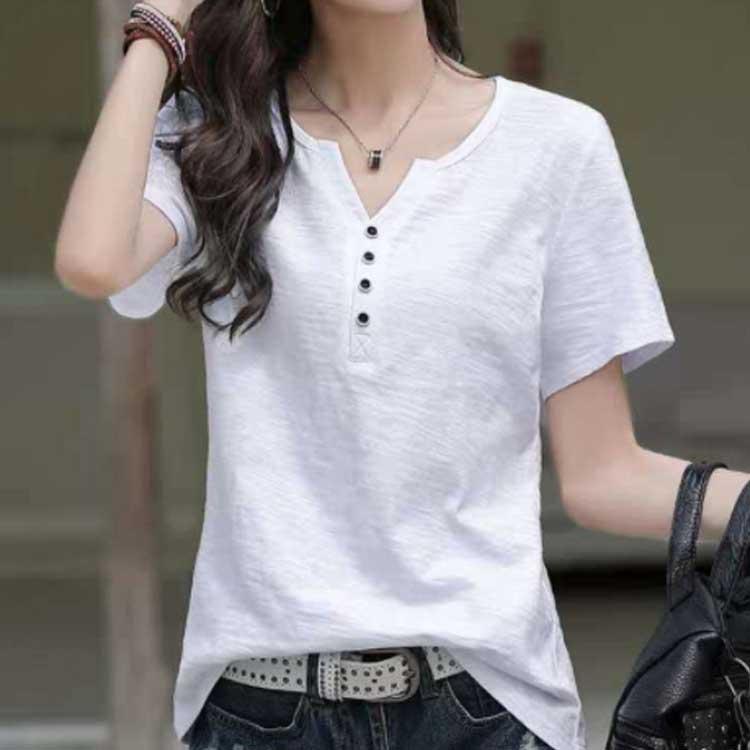 半袖 プルオーバー 夏トップス ボタンキーネック Tシャツ レディース スリム 細身 トップス カットソー Vネック 無地 半袖tシャツ 夏 春夏 ス |  | 02