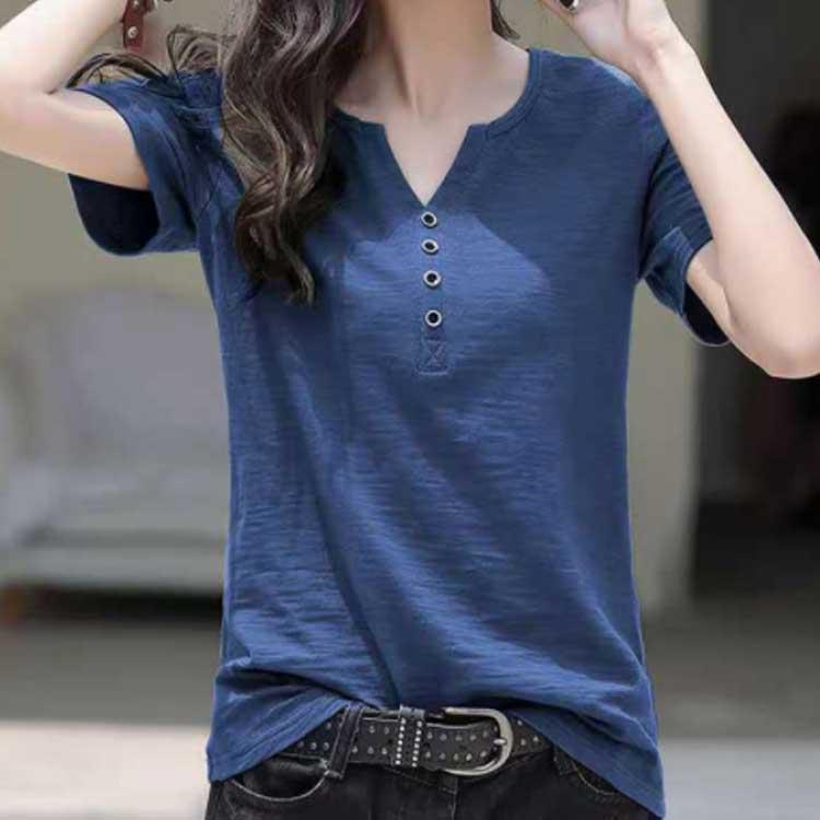 半袖 プルオーバー 夏トップス ボタンキーネック Tシャツ レディース スリム 細身 トップス カットソー Vネック 無地 半袖tシャツ 夏 春夏 ス |  | 03