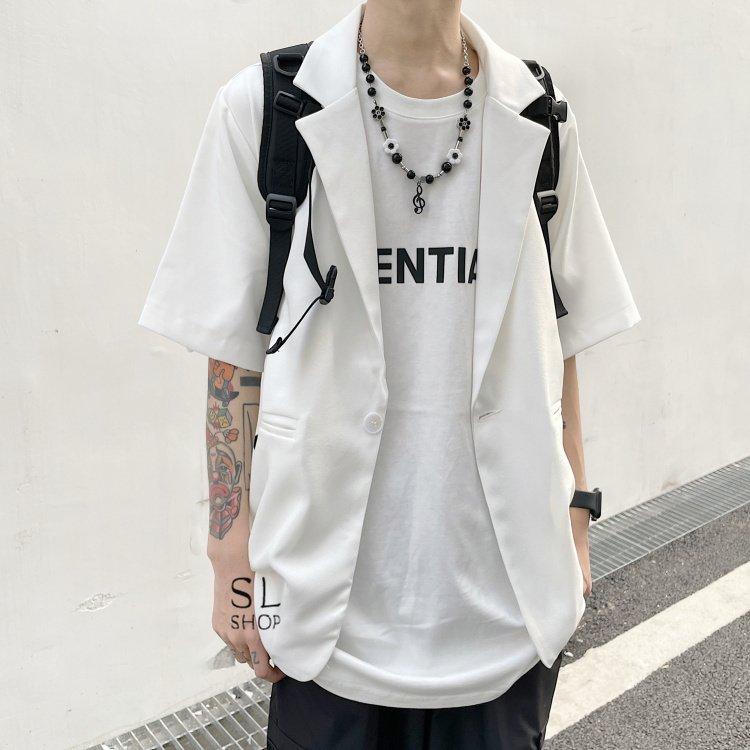 正規販売店 レディーステーラード半袖メンズアウタージャケット黒白カジュアルロング丈男女兼用 テーラード ブレザー サイズ L Www Thetechgram Com