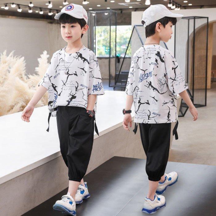 子ども服 夏服 かっこいい セットアップ 男の子 上下セット Tシャツ パンツ 2点セット キッズ ボーイズ お出かけ 通学 半袖 英文柄 五分丈 レ スーパーセール