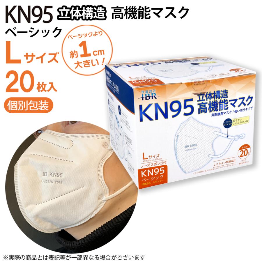 KN95 高機能マスク ベーシック Lサイズ 20枚 1cm大きい 個別包装 ホワイト 5層フィルタ 花粉 N95相当 微粒子カット 不織布  使い切り 耳調節 IBR アイビーアール | 