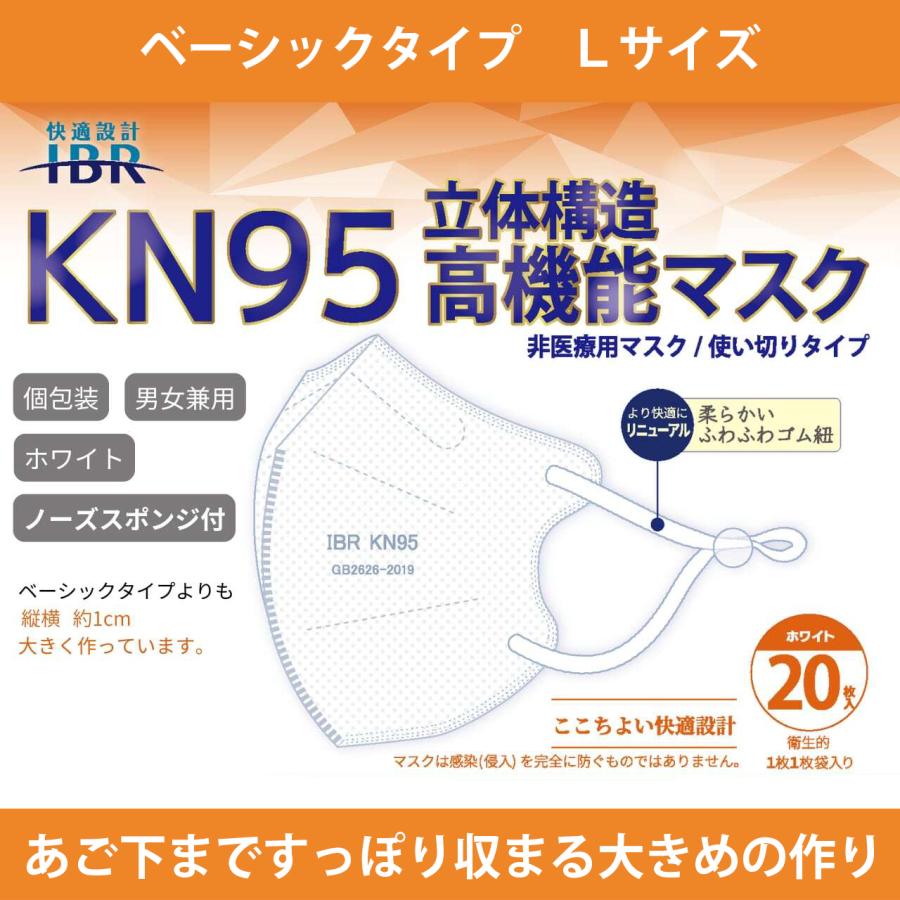 KN95 高機能マスク ベーシック Lサイズ 20枚 1cm大きい 個別包装 ホワイト 5層フィルタ 花粉 N95相当 微粒子カット 不織布  使い切り 耳調節 IBR アイビーアール |  | 01
