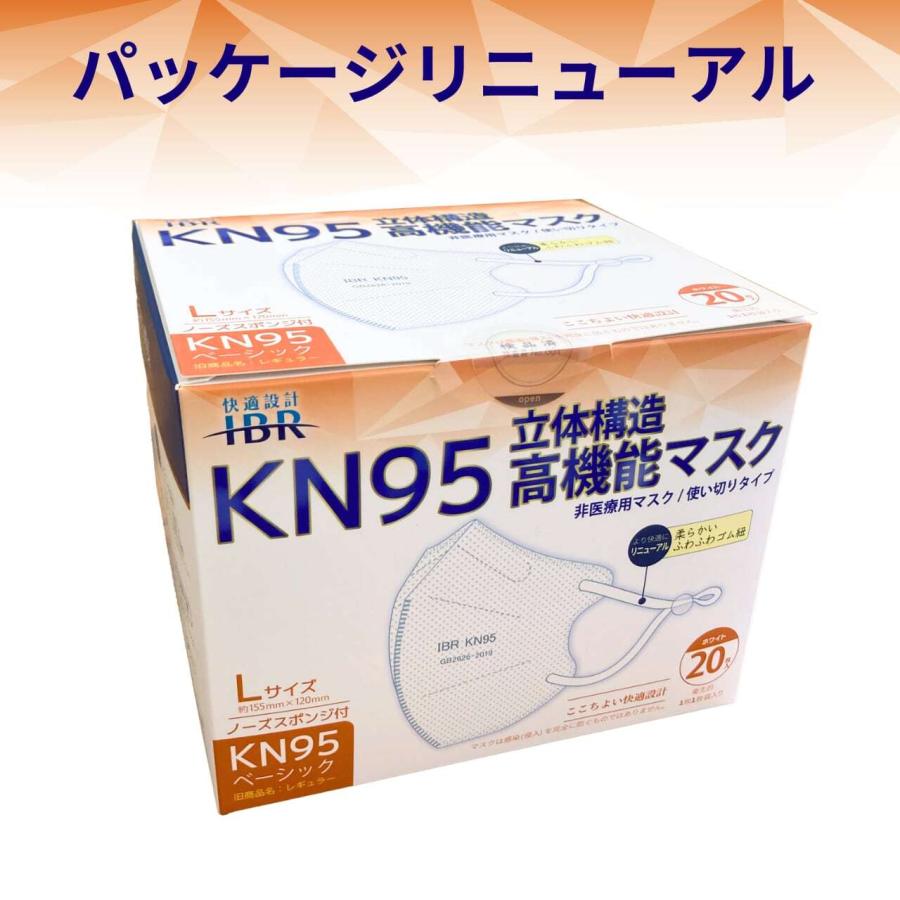 KN95 高機能マスク ベーシック Lサイズ 20枚 1cm大きい 個別包装 ホワイト 5層フィルタ 花粉 N95相当 微粒子カット 不織布  使い切り 耳調節 IBR アイビーアール |  | 03