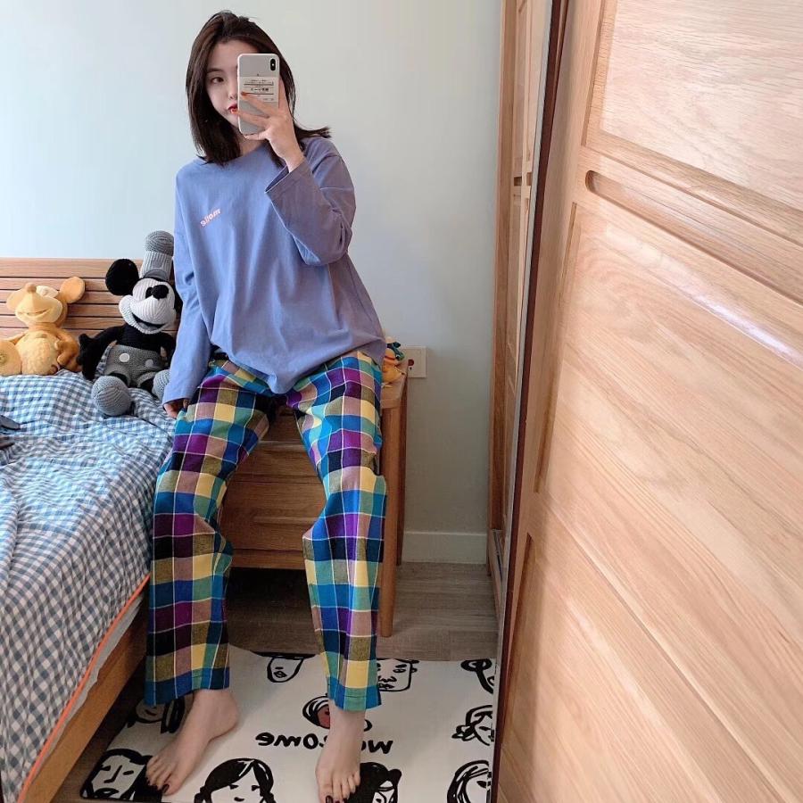 パジャマ レディース ルームウェア 春秋夏 セットアップ ゆったり 綿 長袖 寝巻き 出群 ロングパンツ チェック柄 上下セット 女性 部屋着 可愛い 韓国風