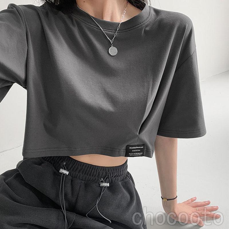 黒の短いtシャツ女性の夏の綿のへそ出し半袖です 人気総合 レディース