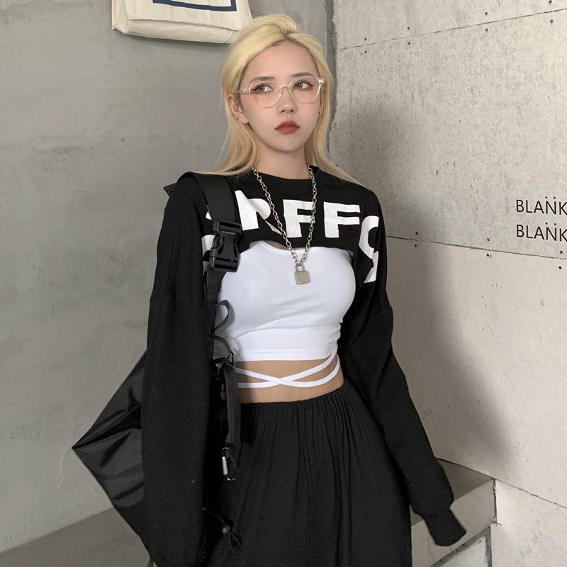 Tシャツ レディース 英語のアルファベット長袖チェック柄 2点セットへそ出し ショート丈 トップス 韓国ファッション原宿ヒップホップ ダンス衣装 ストリート風 Z253 Chocooto 通販 Yahoo ショッピング