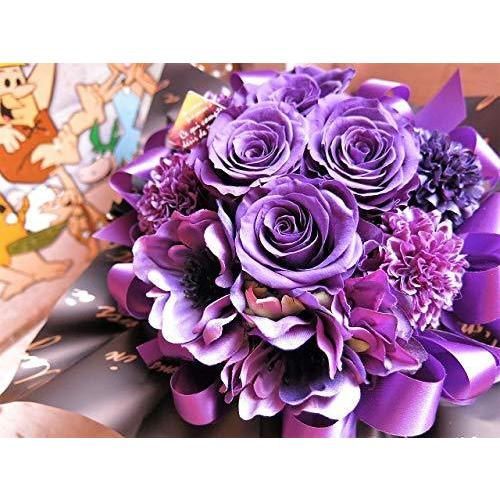 喜寿お祝い 77歳 花束風 紫バラ４ プリザーブドフラワー入りギフト クリアーケース付き 枯れない 