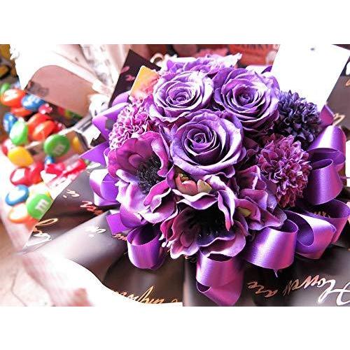 喜寿お祝い 77歳 花束風 紫バラ４ プリザーブドフラワー入りギフト クリアーケース付き 枯れない 