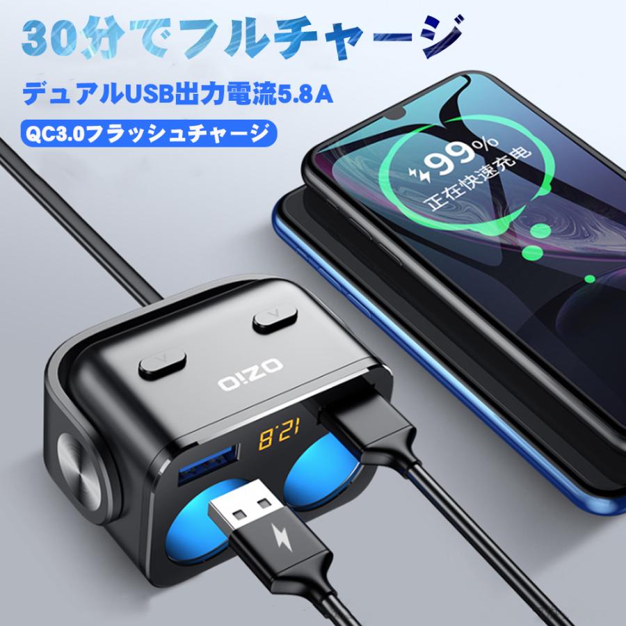 シガーソケット 2連 USB QC3.0 車載充電器 電源ソケット 電圧計 急速