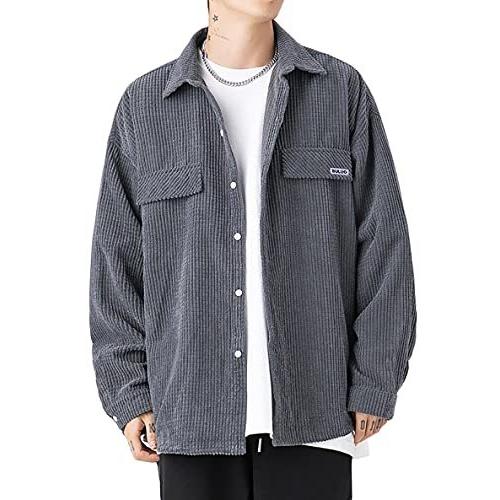 シャツ メンズ 長袖 カジュアル ファッション シャツジャケット 通勤 ゆったり 大きいサイズ トップス 秋 冬 春 コーデュロイ グレー L