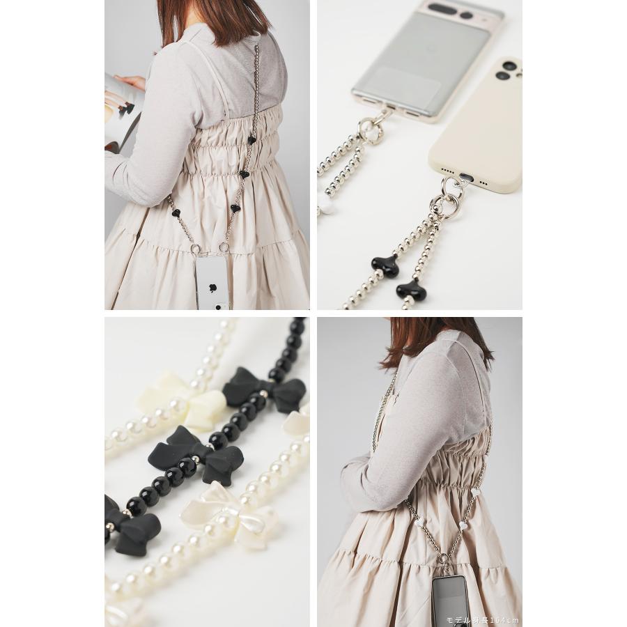 スマホ ショルダーストラップ おしゃれ 簡単 パール リボン ビーズ