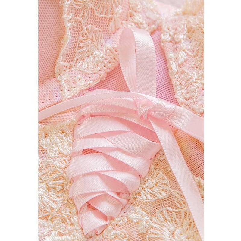 （B-Eカップ）プリンセス リボン レース ボウタイ かわいい 後ろホック ブラショーツセットの画像