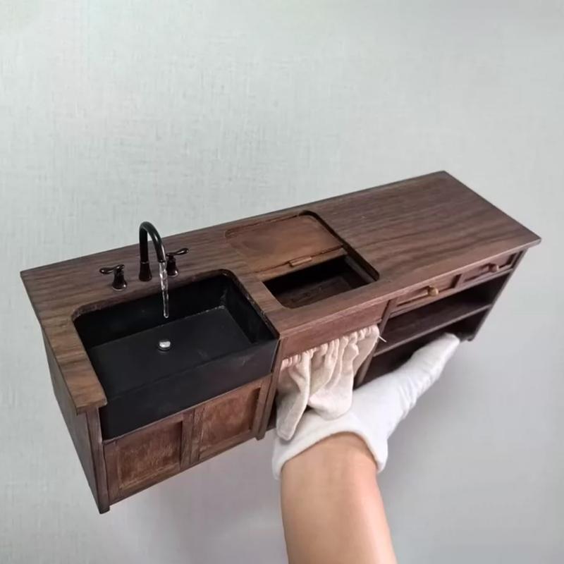 ミニチュア家具 キッチン 流し台 収納 クルミ 桜材 ドール用1/6サイズ