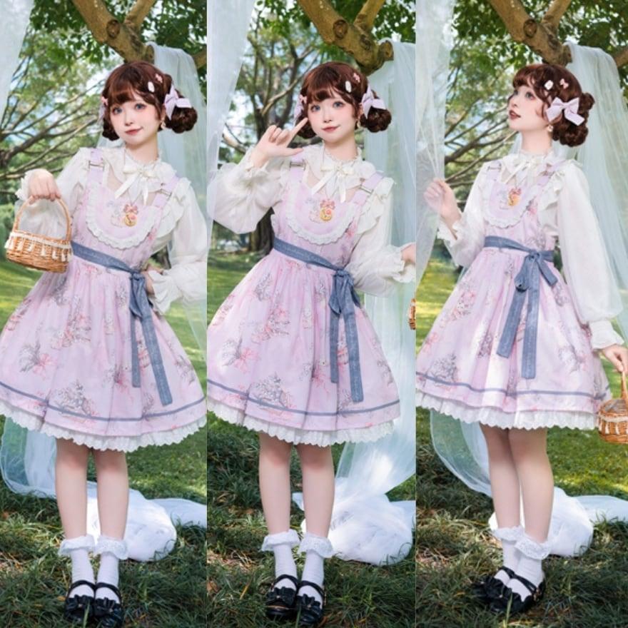 ゆめかわ うさぎ ジャンパースカート 花柄 スイートロリータ プリント