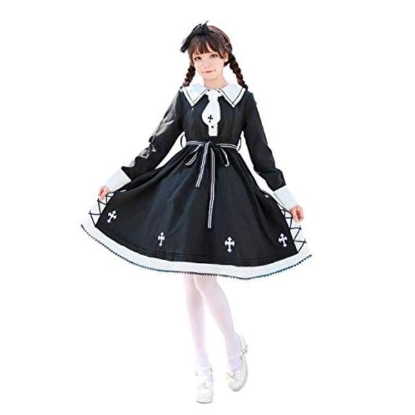 手数料安い ロリータ服 Lolita ワンピース 長袖 森ガール ゴシック ブラック ワンピース 髪飾り ネクタイ 靴下 4セット アウトレット送料無料 Www Gettoknowmontco Com