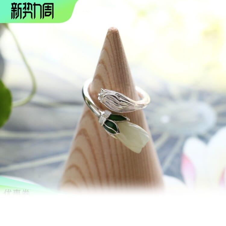 玉蘭南方純銀首飾り網赤震音女金民族古風小衆設計玉小花指輪_1
