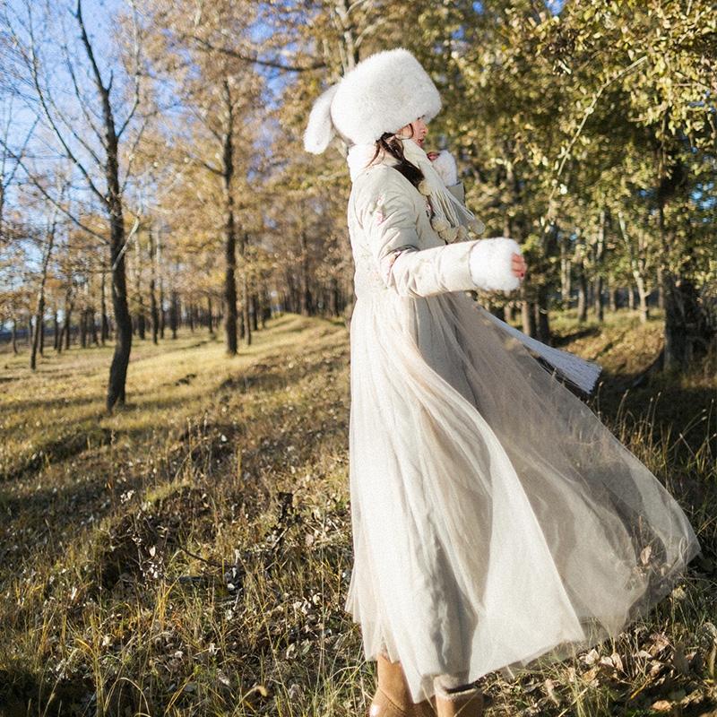 年冬レトロな国風斜め襟漢服襟ダウンジャケット女網糸刺繍厚手コート白アヒルの綿毛_2