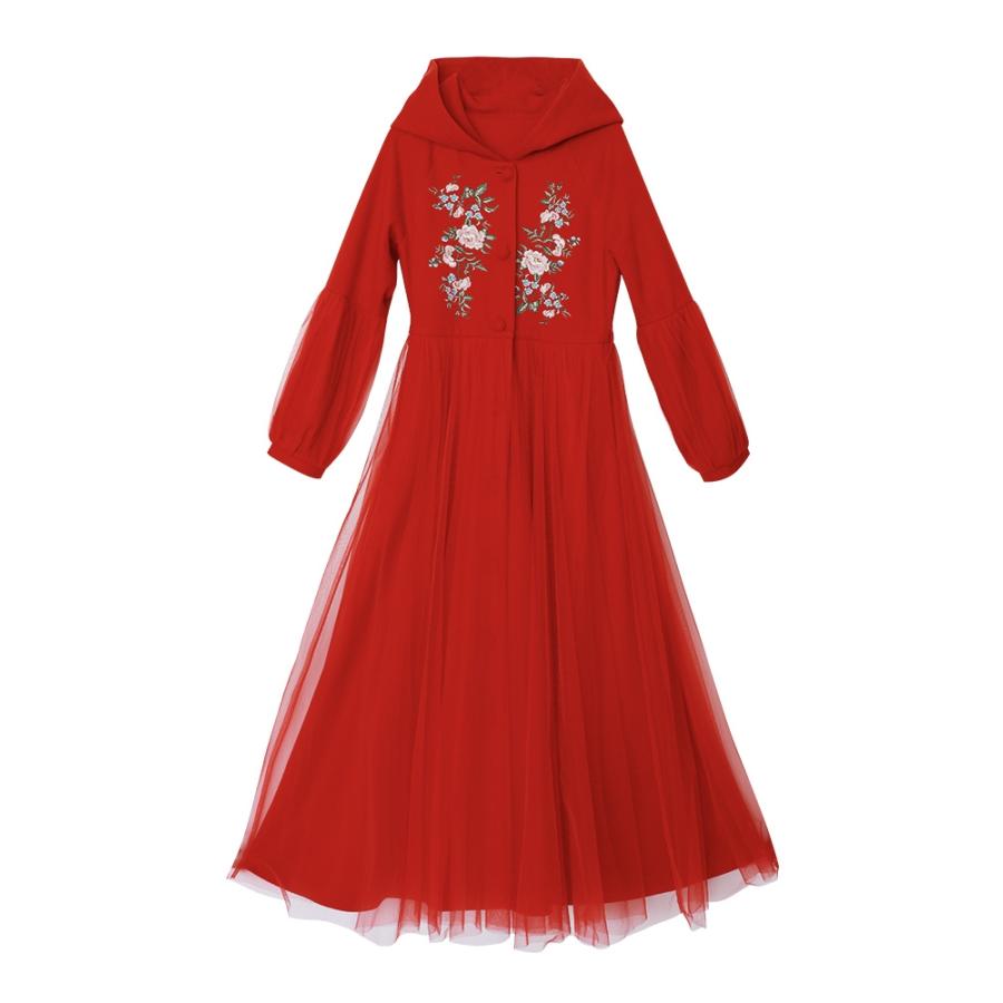 赤いスカート刺繍連帽ウールコート冬のミディアムキルティングネットラシャコート｜chorakusutoa｜06