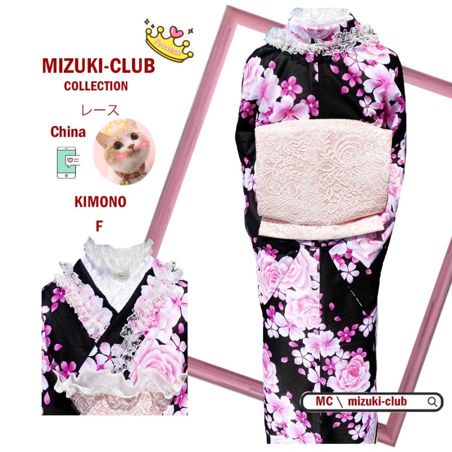 レース洋装小紋和服ロリータセット富士山ブラックピンクローズ_5