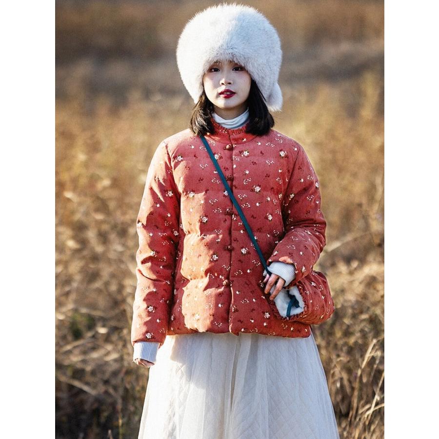 コーデュロイ盤ダウンジャケット女性冬ショートレトロ花柄コットン 