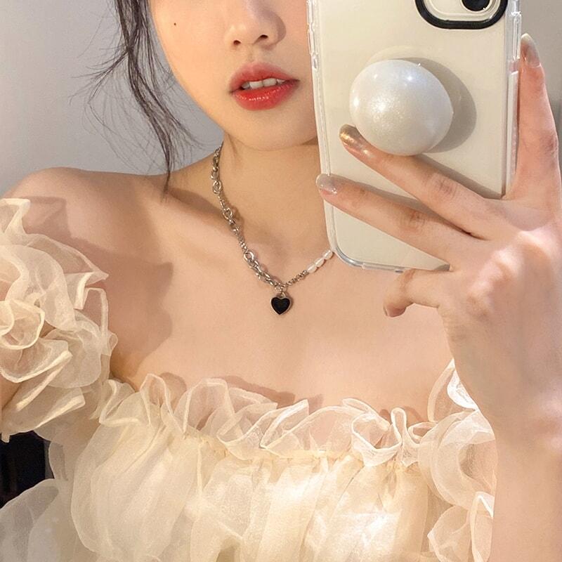ナチュラルパールパッチワークハートネックレス女性ファッション洗練された甘クール風鎖骨チェーン純銀ネックチェーン_3